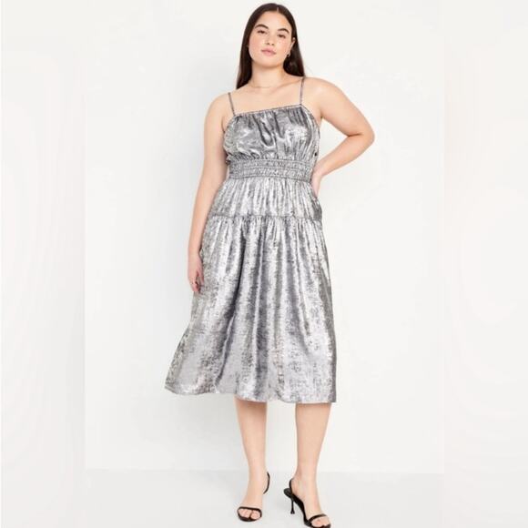 Old Navy Silver Metallic Waist Defined Cami Midi Dress - Picture 1 of 12